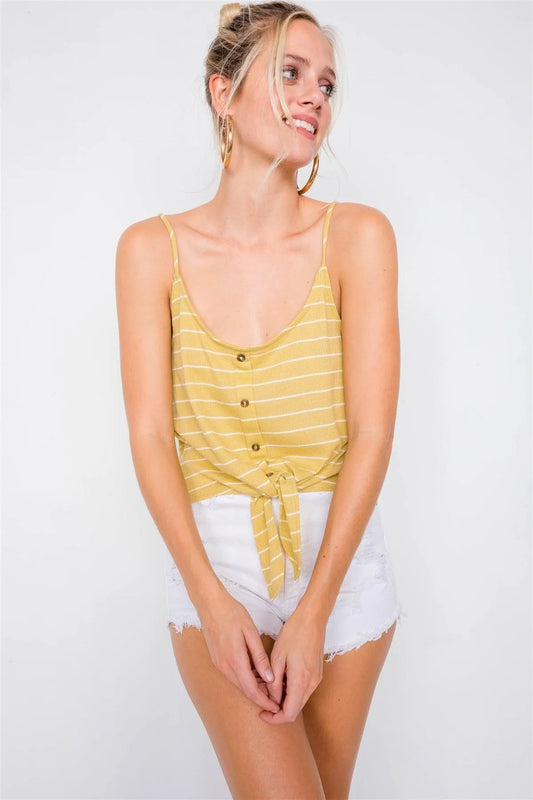Lime & Ivory Stripe Front Knot Button Down Crop Tank Top /2-2-2 - Tasha Apparel Wholesale