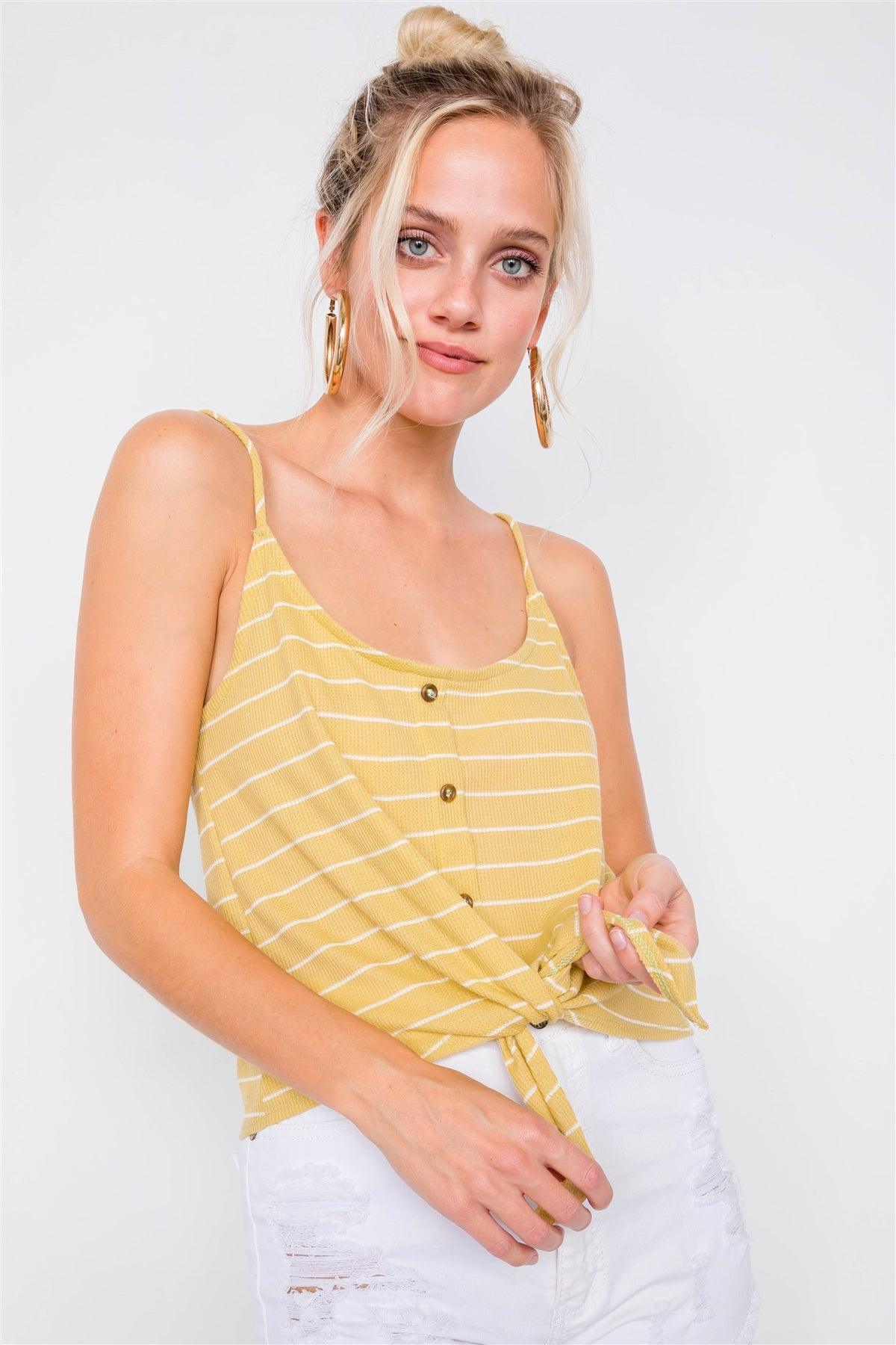 Lime & Ivory Stripe Front Knot Button Down Crop Tank Top /2-2-2