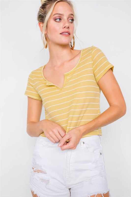 Lime & Ivory Stripe Cut Out V-Neck Short Sleeve Casual Crop Top /1-2-1 - Tasha Apparel Wholesale