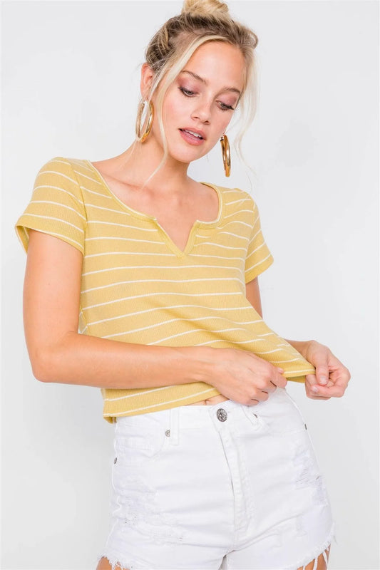 Lime & Ivory Stripe Cut Out V-Neck Short Sleeve Casual Crop Top /2-2-2 - Tasha Apparel Wholesale
