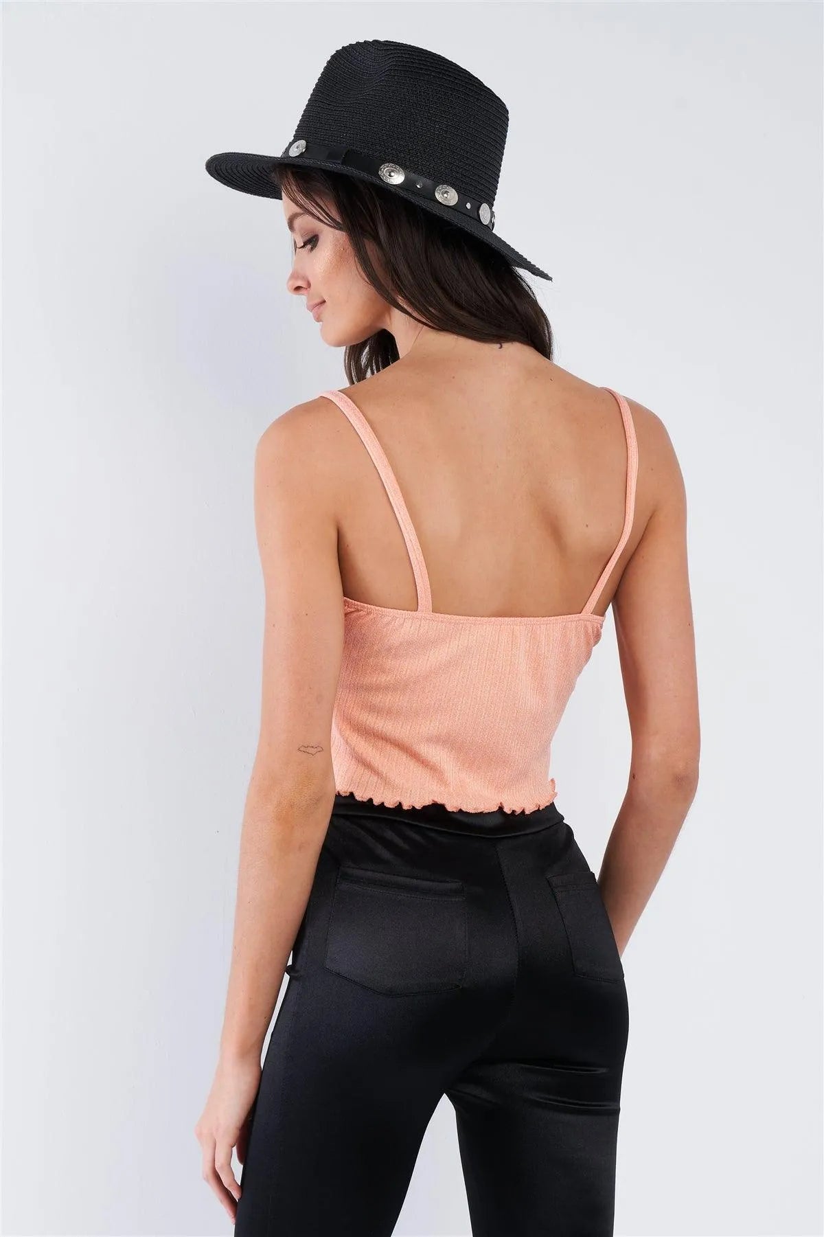 Light Coral Pink Boho Ribbed Low Back Spaghetti Strap Crop Top /2-2-1 - Tasha Apparel Wholesale