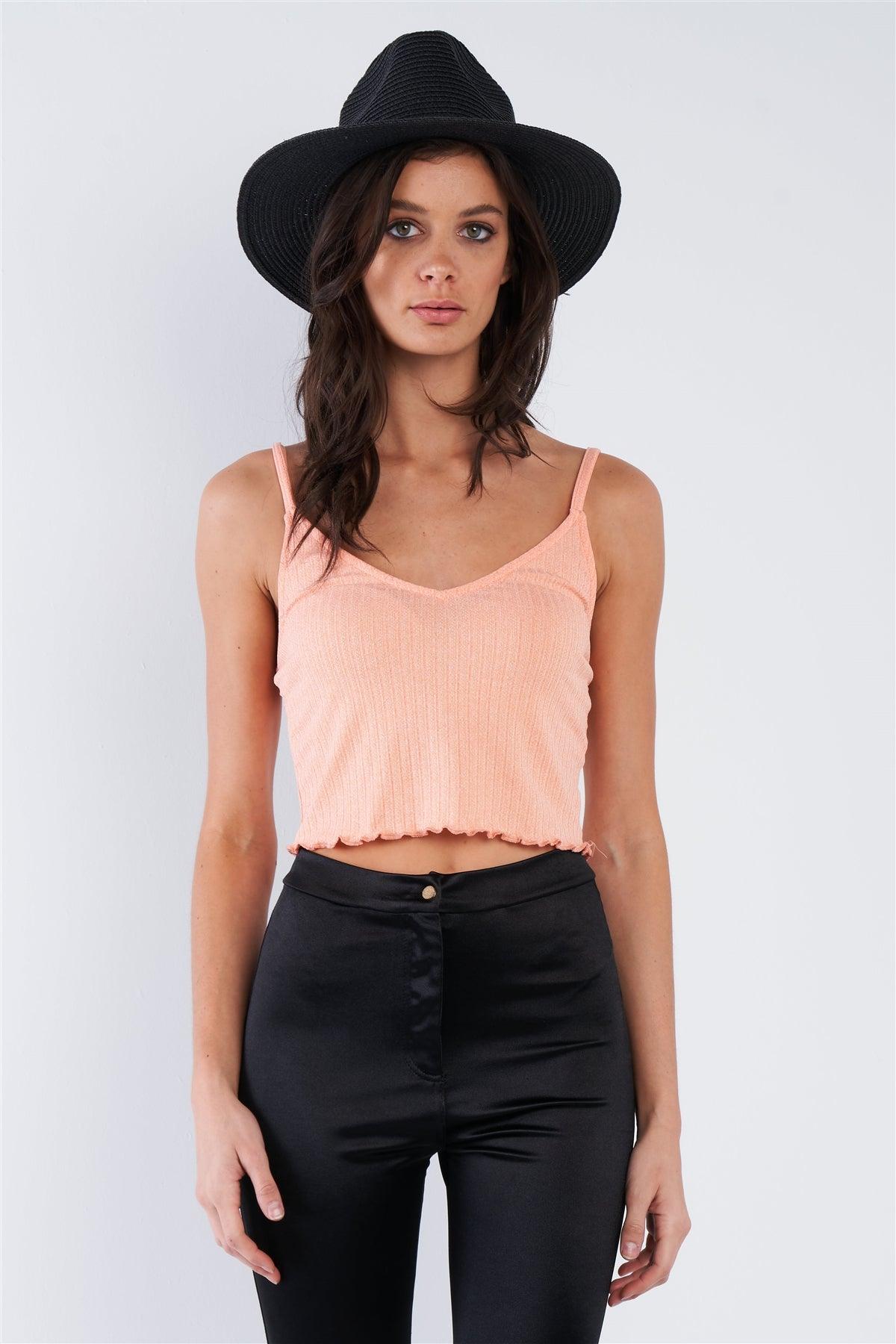 Light Coral Pink Boho Ribbed Low Back Spaghetti Strap Crop Top /2-2-1