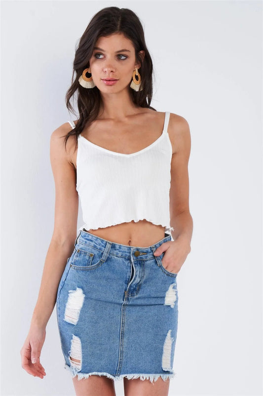 White Boho Ribbed Low Back Spaghetti Strap Crop Top /2-1-1 - Tasha Apparel Wholesale