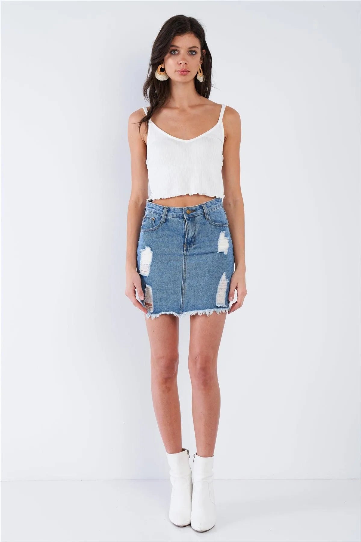 White Boho Ribbed Low Back Spaghetti Strap Crop Top /3-2-1 - Tasha Apparel Wholesale