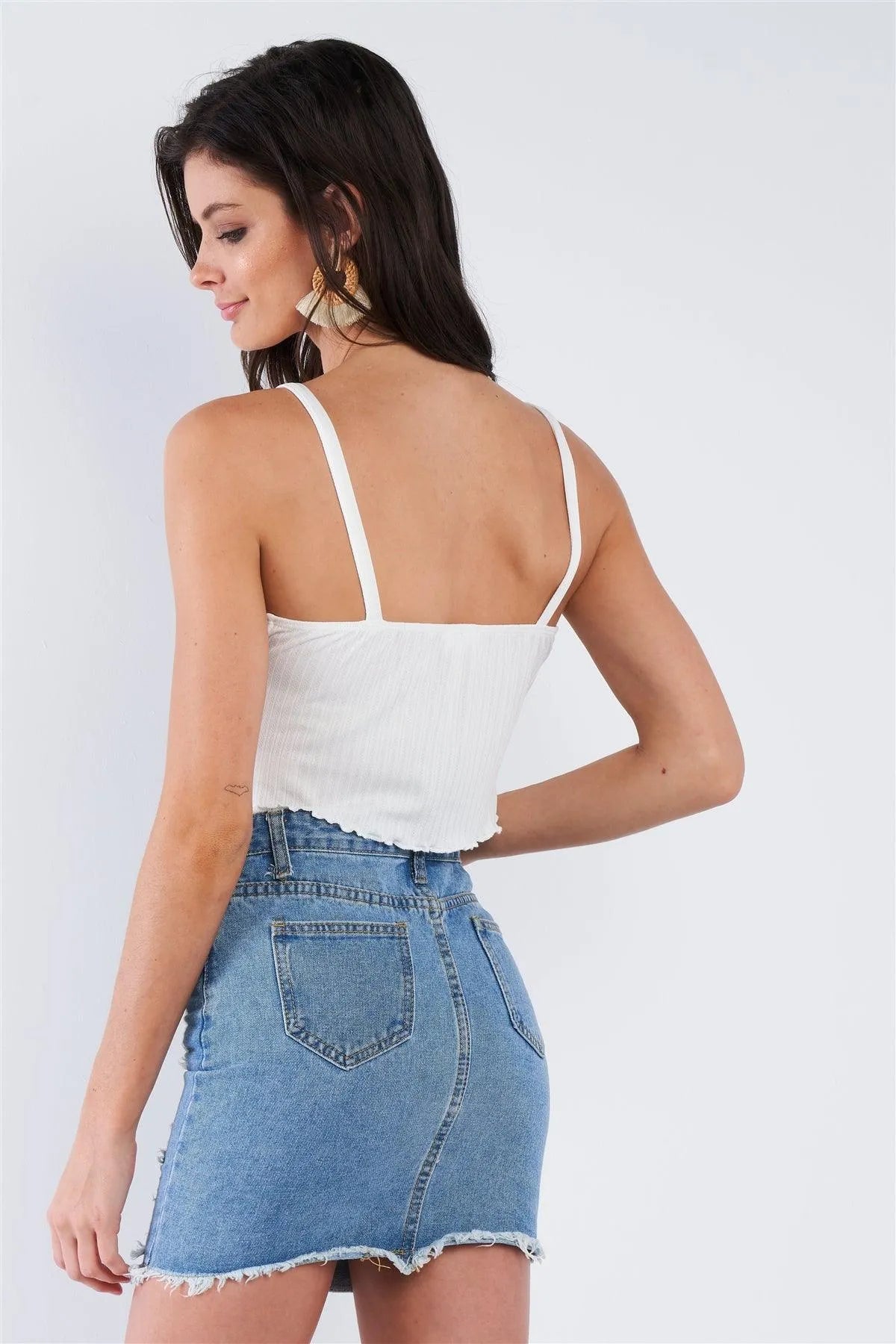 White Boho Ribbed Low Back Spaghetti Strap Crop Top /3-2-1 - Tasha Apparel Wholesale