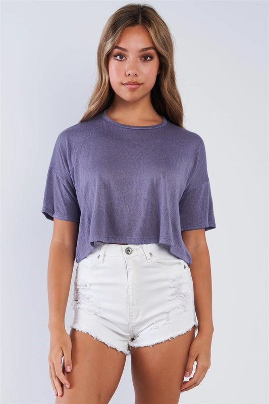 Deep Blue Sky Loose Fit Cropped Short Sleeve Top - Tasha Apparel Wholesale