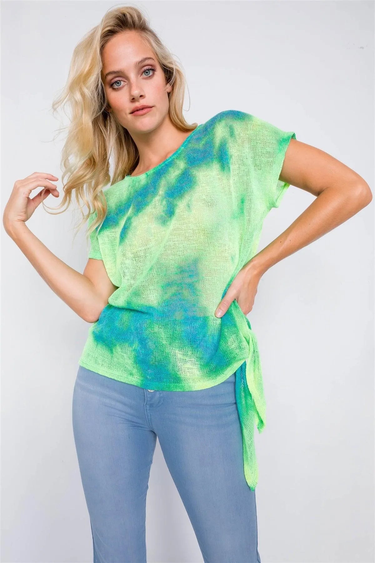 Neon Green & Blue Tie Dye Sheer Knit Side Knot Sporty Top /1-2-2 - Tasha Apparel Wholesale