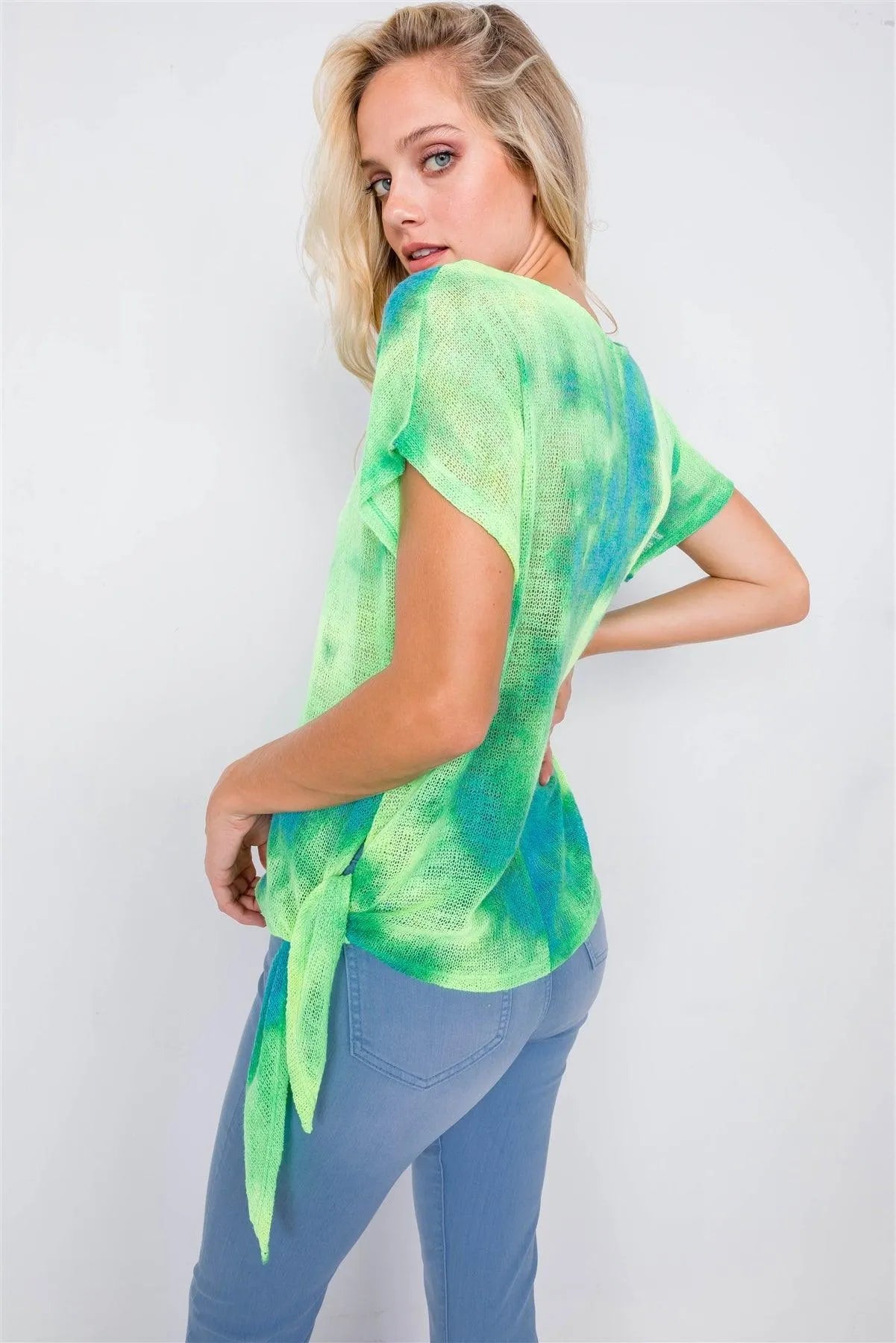 Neon Green & Blue Tie Dye Sheer Knit Side Knot Sporty Top /1-2-2 - Tasha Apparel Wholesale