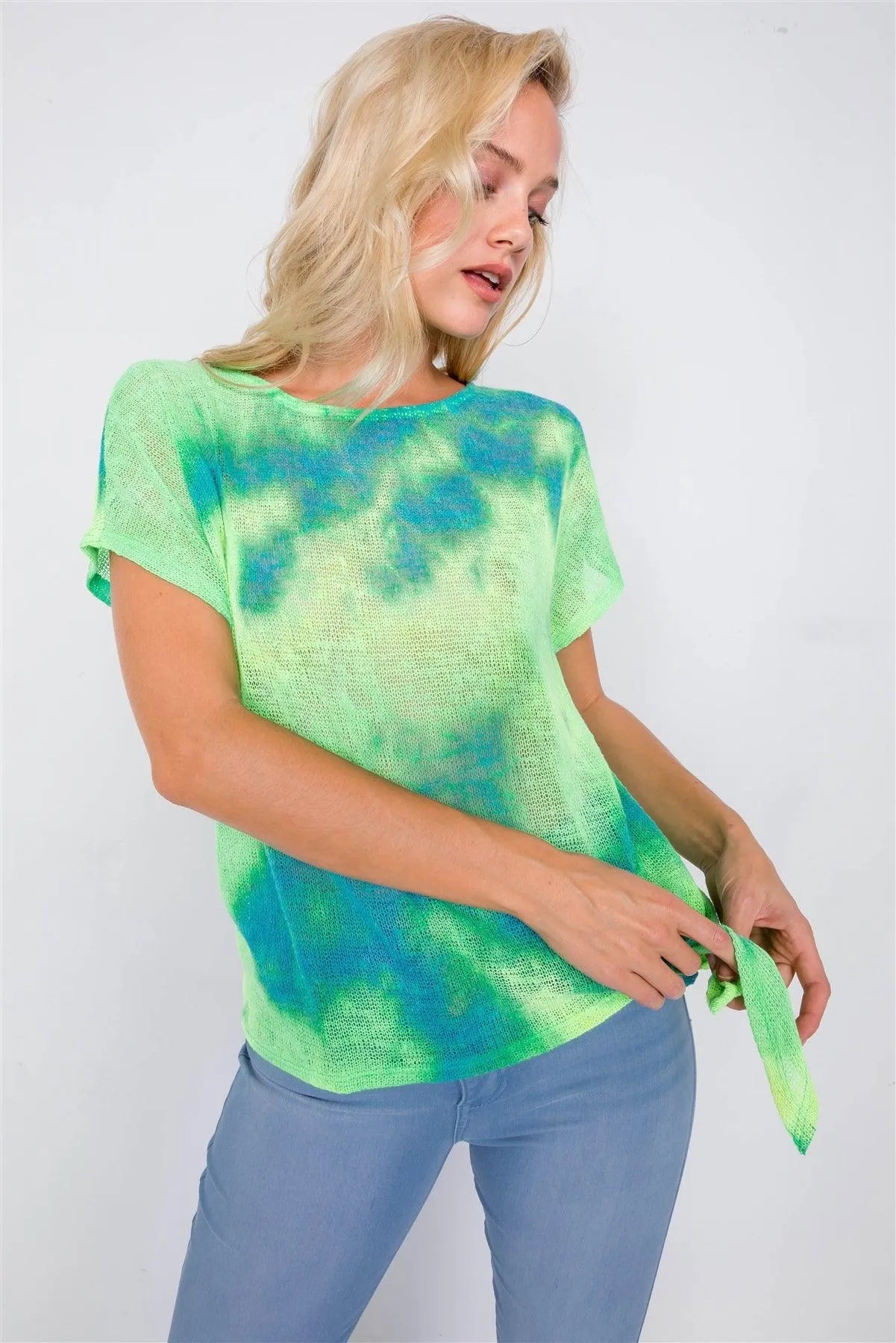 Neon Green & Blue Tie Dye Sheer Knit Side Knot Sporty Top /1-2-2 - Tasha Apparel Wholesale