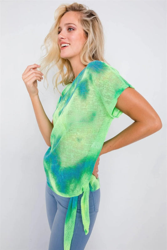 Neon Green & Blue Tie Dye Sheer Knit Side Knot Sporty Top /2-2-2 - Tasha Apparel Wholesale