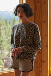 Mocha Leopard Long Sleeve Round Neck Super Soft Relaxed Lounge Top /2-2-2