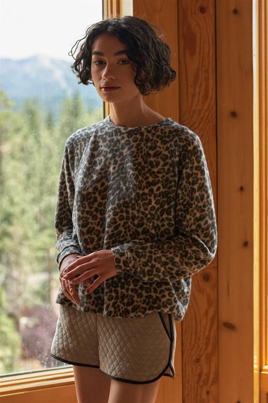 Mocha Leopard Long Sleeve Round Neck Super Soft Relaxed Lounge Top /2-2-2 - Tasha Apparel Wholesale