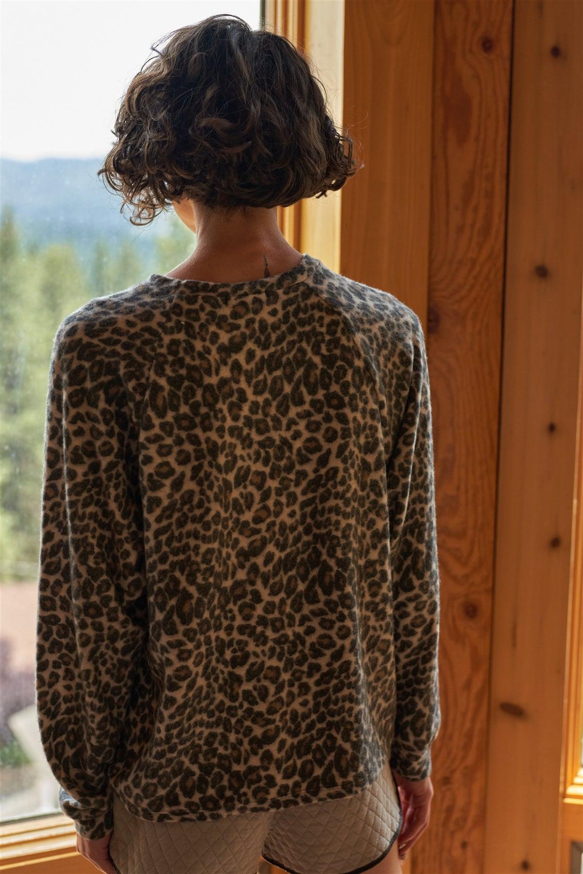 Mocha Leopard Long Sleeve Round Neck Super Soft Relaxed Lounge Top /2-2-2