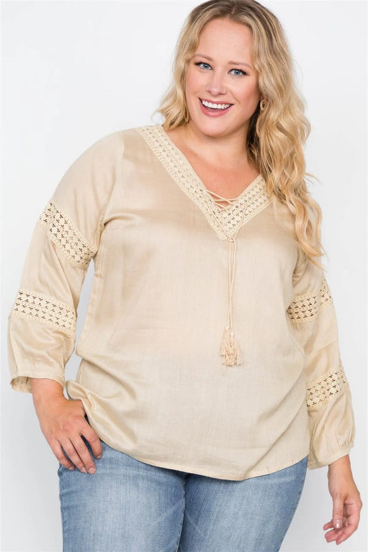 Plus Size Almond Crochet Trim V-Neck Boho Top /2-2-2 - Tasha Apparel Wholesale