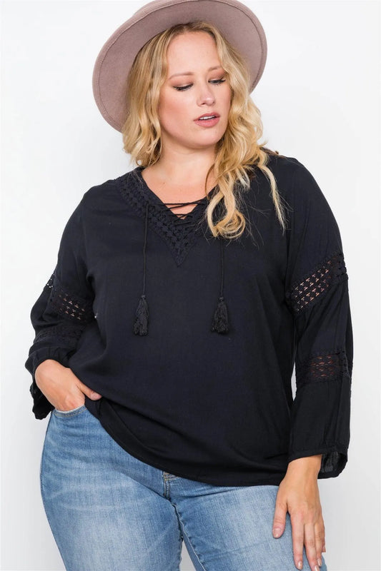 Plus Size Black Crochet Trim V-Neck Boho Top - Tasha Apparel Wholesale