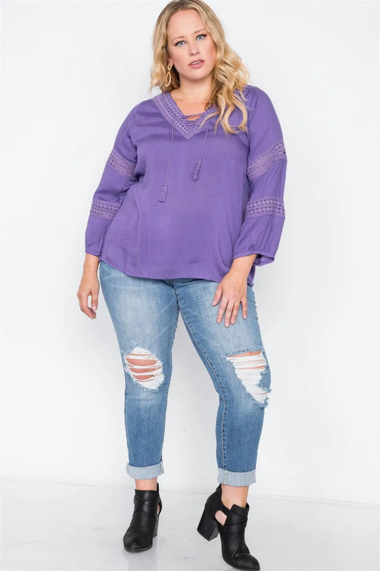 Junior Plus Size Violet Crochet Trim V-Neck Boho Top /1-2-2 - Tasha Apparel Wholesale