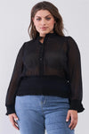Junior Plus Size Black Mesh Polka Dot Balloon Sleeve Button-Down Smock Detail Blouse Top /2-2-2 - Tasha Apparel Wholesale