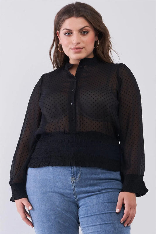 Junior Plus Size Black Mesh Polka Dot Balloon Sleeve Button-Down Smock Detail Blouse Top /2-2-2 - Tasha Apparel Wholesale