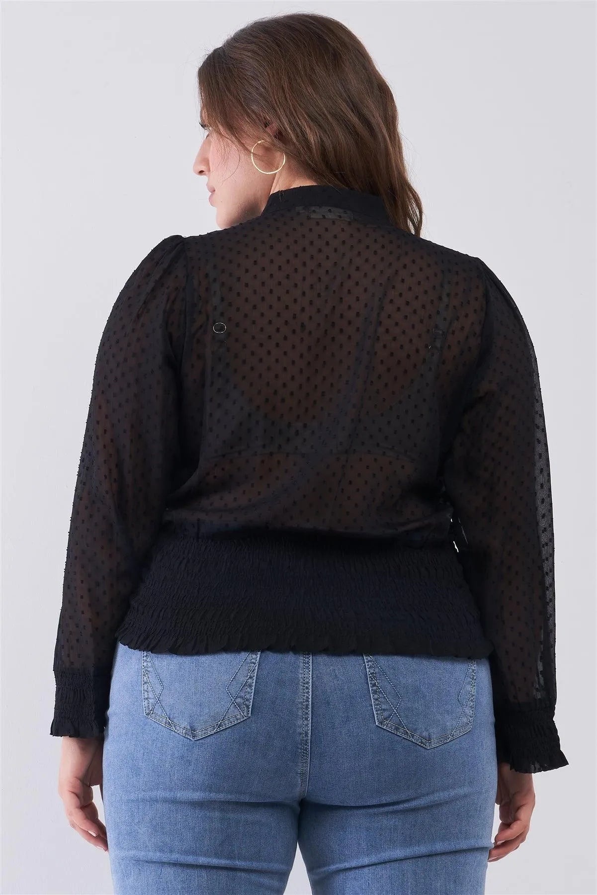 Junior Plus Size Black Mesh Polka Dot Balloon Sleeve Button-Down Smock Detail Blouse Top /2-2-2 - Tasha Apparel Wholesale