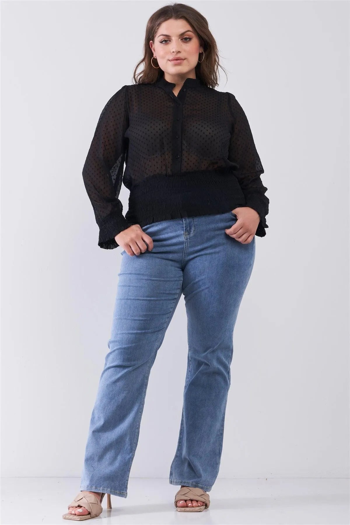 Junior Plus Size Black Mesh Polka Dot Balloon Sleeve Button-Down Smock Detail Blouse Top /2-2-2 - Tasha Apparel Wholesale
