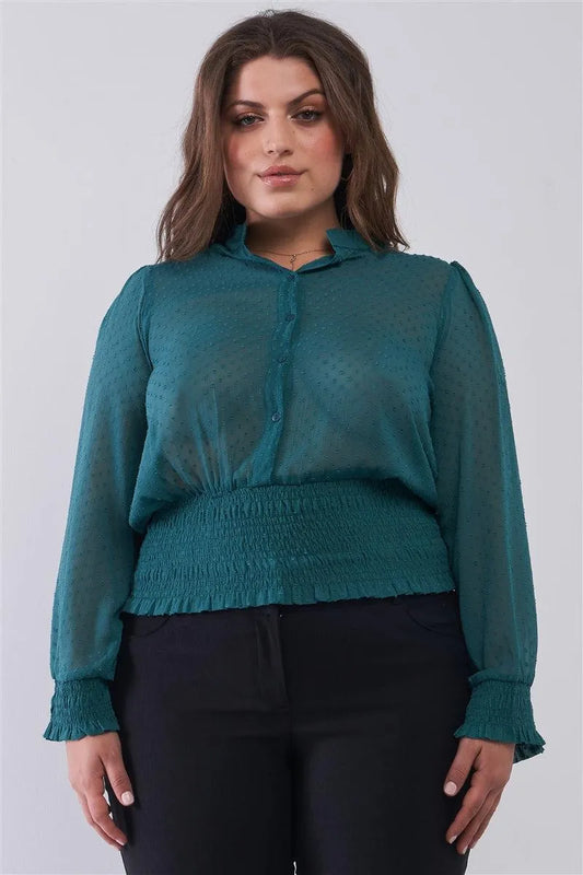 Junior Plus Size Quetzal Green Mesh Polka Dot Balloon Sleeve Button-Down Smock Detail Blouse Top /2-2-2 - Tasha Apparel Wholesale