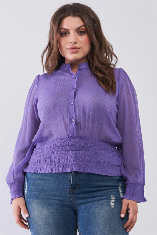 Junior Plus Size Violet Mesh Polka Dot Balloon Sleeve Button-Down Smock Detail Blouse Top /1-3-2 - Tasha Apparel Wholesale