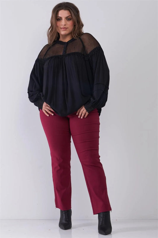 Junior Plus Size Black Boho Sheer Net Mesh Balloon Sleeve Detail Relaxed Top /2-2 - Tasha Apparel Wholesale