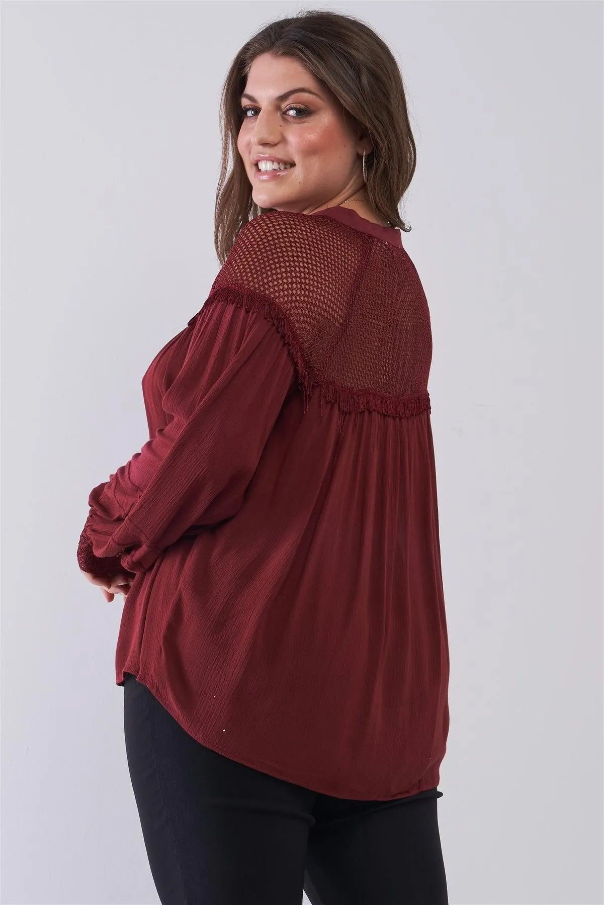 Junior Plus Size Burgundy Boho Sheer Net Mesh Balloon Sleeve Detail Relaxed Top - Tasha Apparel Wholesale