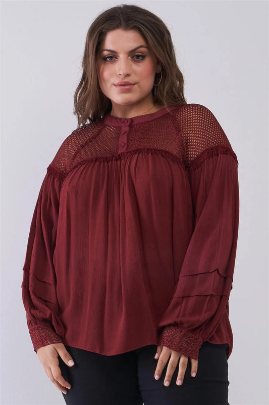 Junior Plus Size Burgundy Boho Sheer Net Mesh Balloon Sleeve Detail Relaxed Top /2-2-2 - Tasha Apparel Wholesale