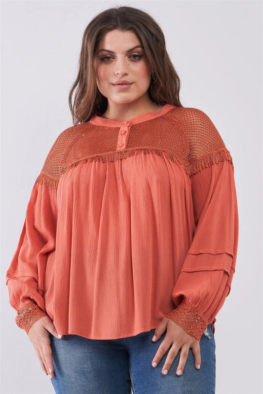 Junior Plus Size Mango Boho Sheer Net Mesh Balloon Sleeve Detail Relaxed Top /2-2-2 - Tasha Apparel Wholesale