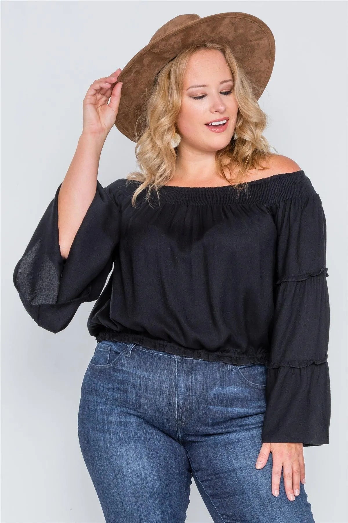 Plus Size Black Off-The-Shoulders Bell Sleeve Top - Tasha Apparel Wholesale
