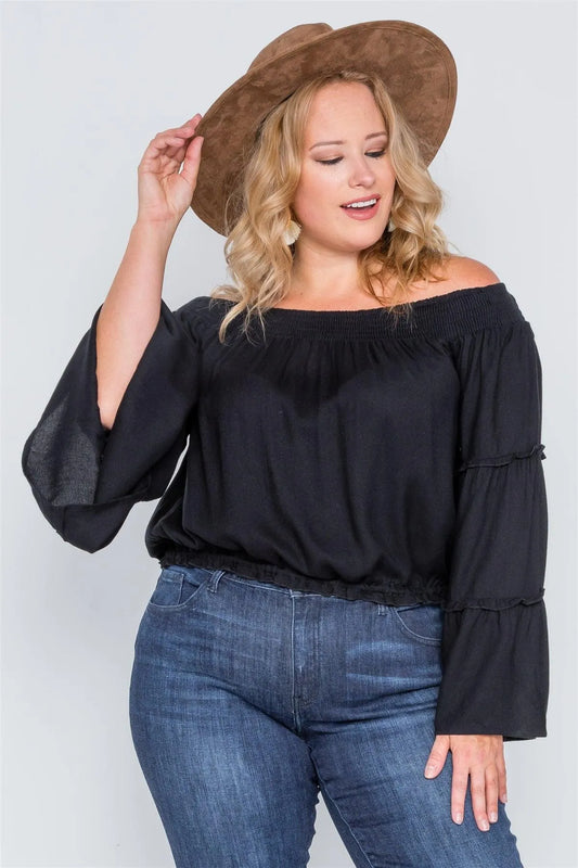 Plus Size Black Off-The-Shoulders Bell Sleeve Top - Tasha Apparel Wholesale