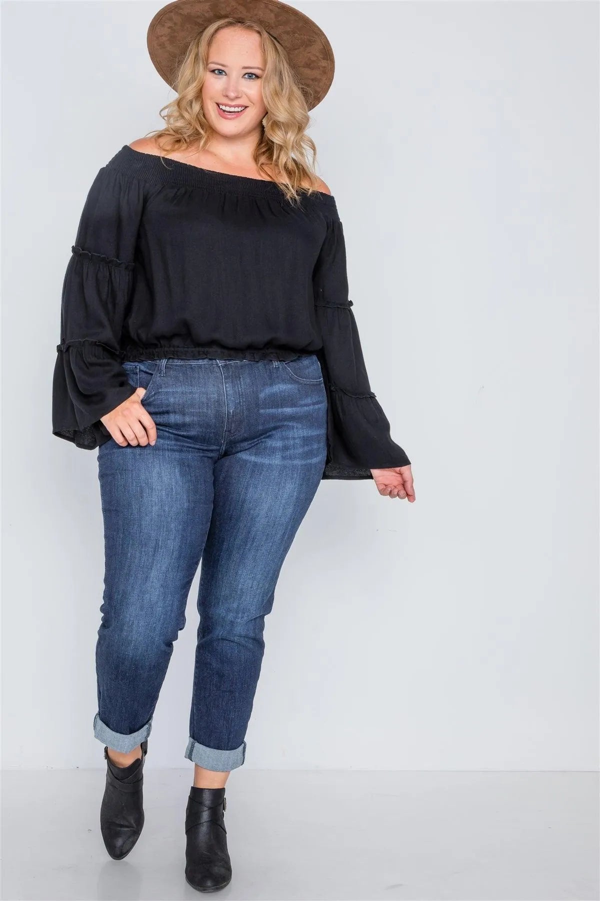 Plus Size Black Off-The-Shoulders Bell Sleeve Top - Tasha Apparel Wholesale