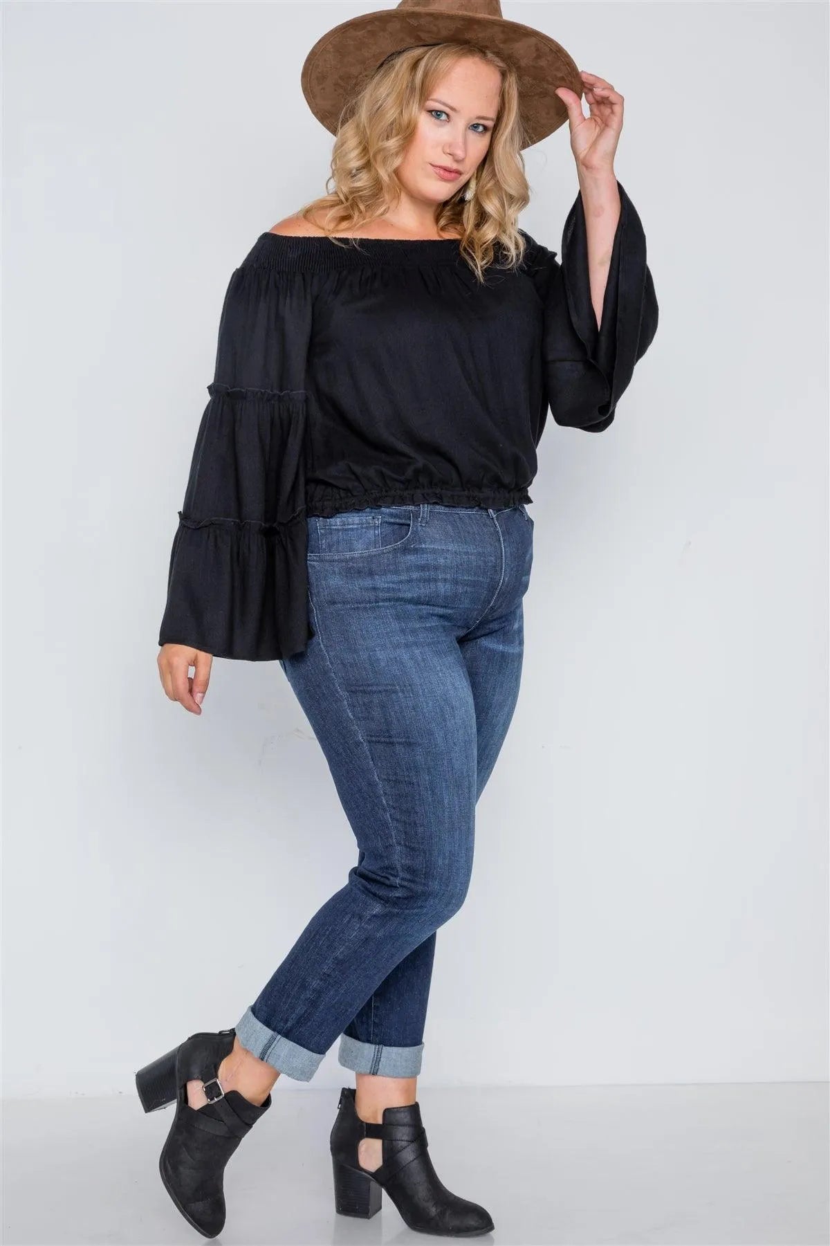 Plus Size Black Off-The-Shoulders Bell Sleeve Top - Tasha Apparel Wholesale