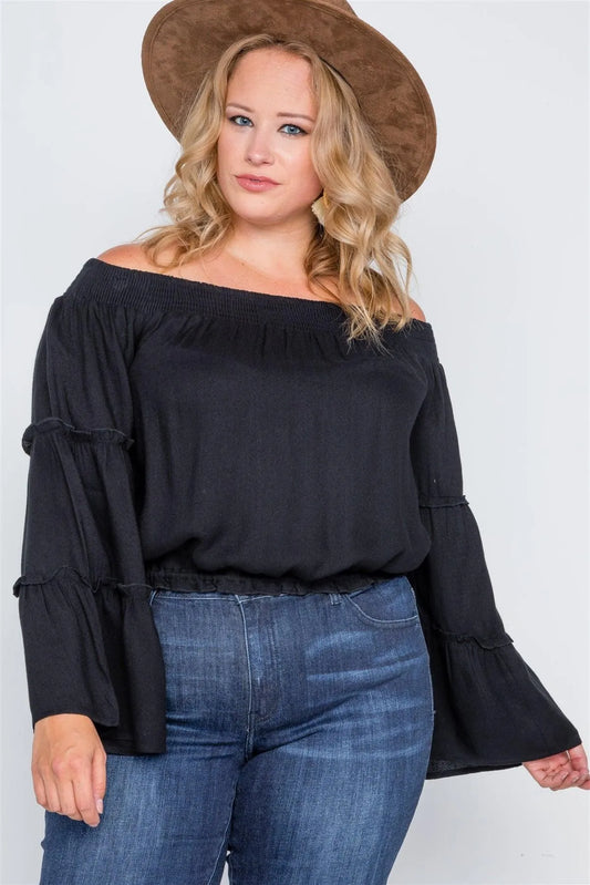 Plus Size Black Off-The-Shoulders Bell Sleeve Top /2-2-2 - Tasha Apparel Wholesale