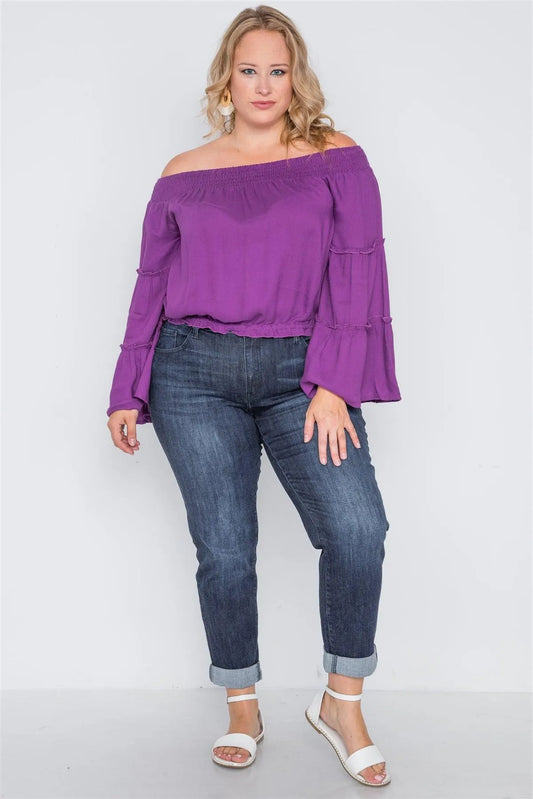 Plus Size Dahlia Purple Off-The-Shoulders Bell Sleeve Top /1-2-2 - Tasha Apparel Wholesale
