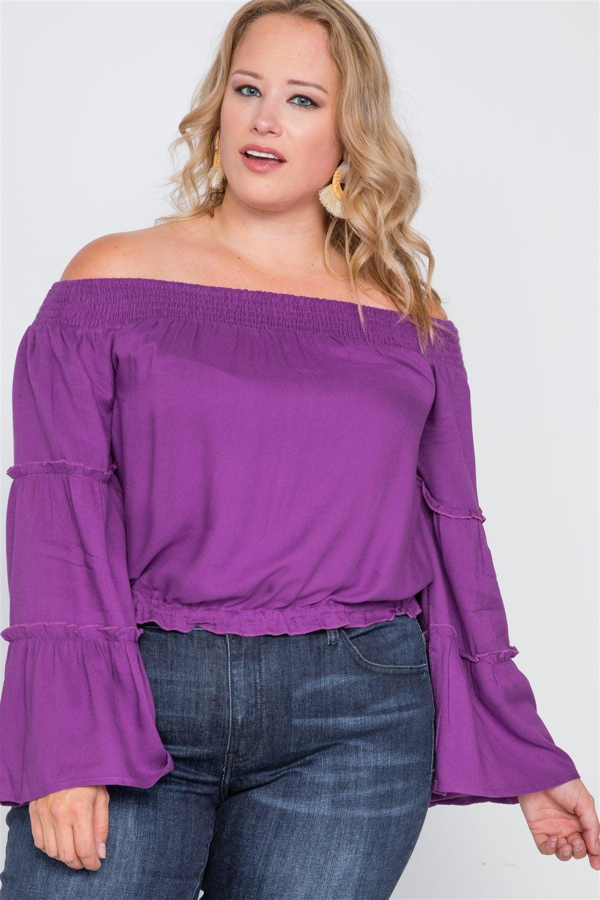 Plus Size Dahlia Purple Off-The-Shoulders Bell Sleeve Top /1-2-2