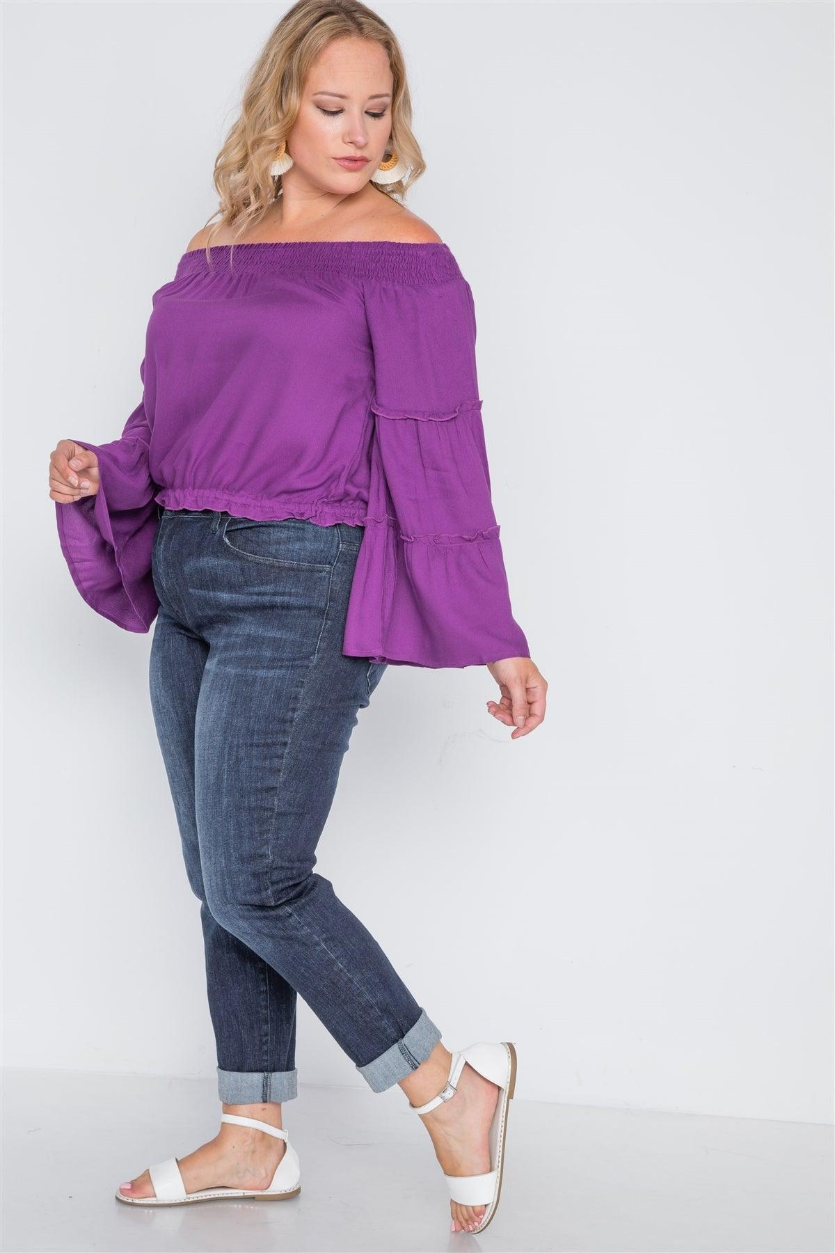 Plus Size Dahlia Purple Off-The-Shoulders Bell Sleeve Top /1-2-2