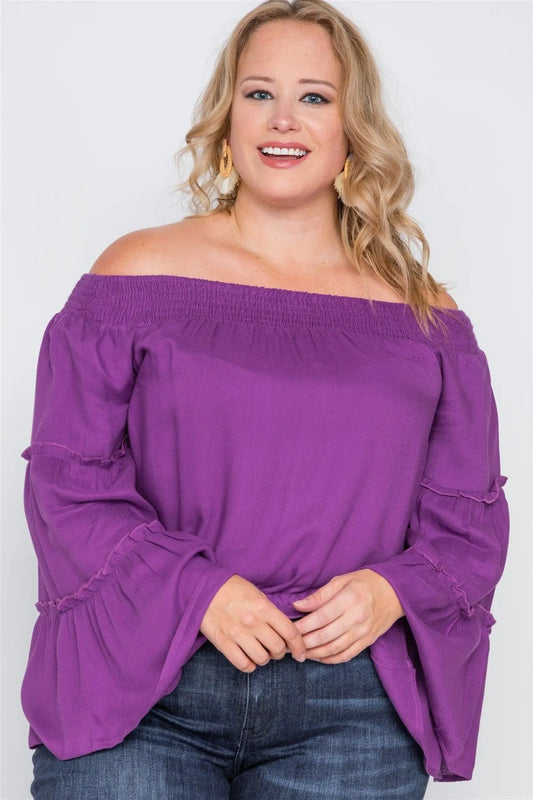 Plus Size Dahlia Purple Off-The-Shoulders Bell Sleeve Top /2-2-2 - Tasha Apparel Wholesale