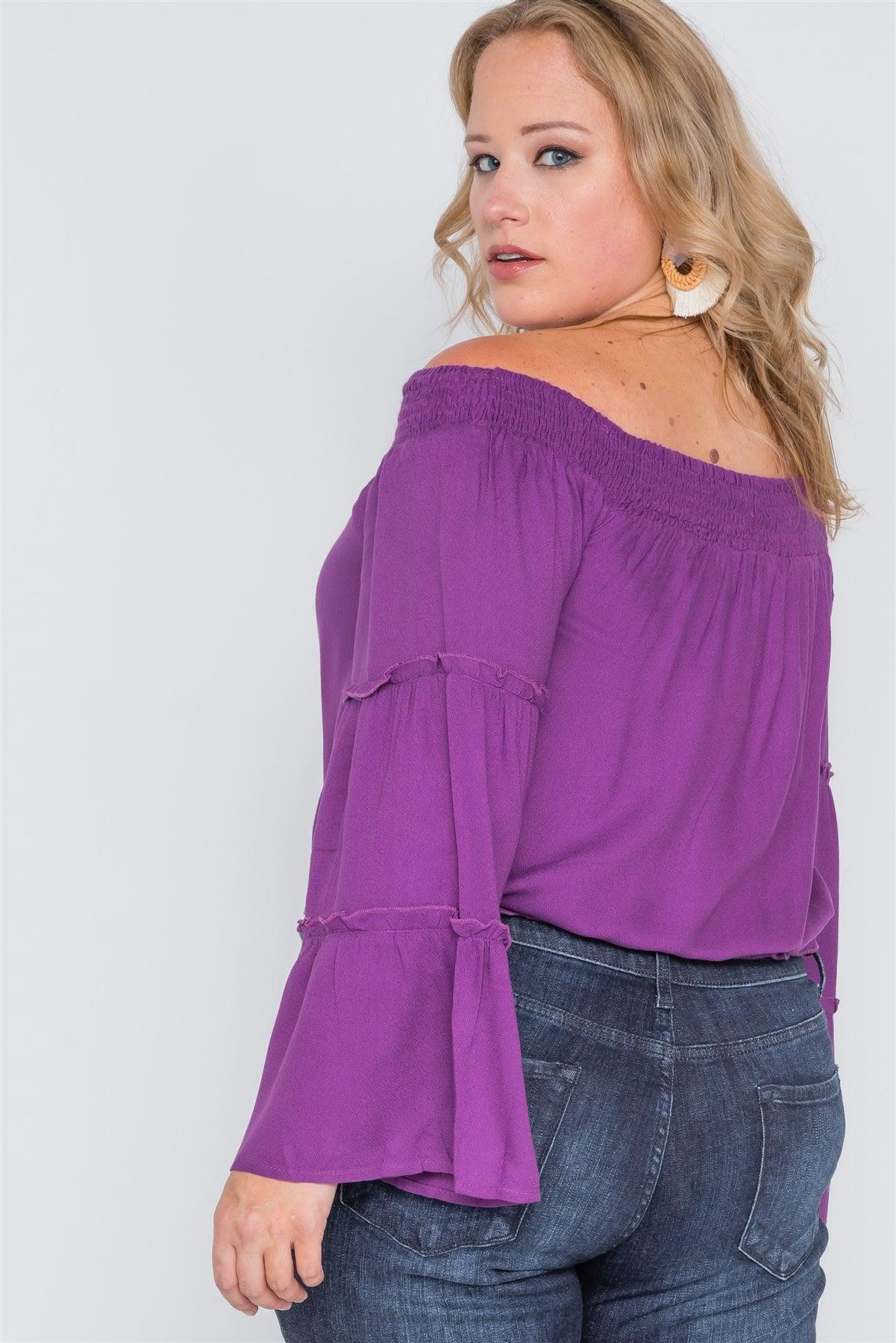 Plus Size Dahlia Purple Off-The-Shoulders Bell Sleeve Top /2-2-2