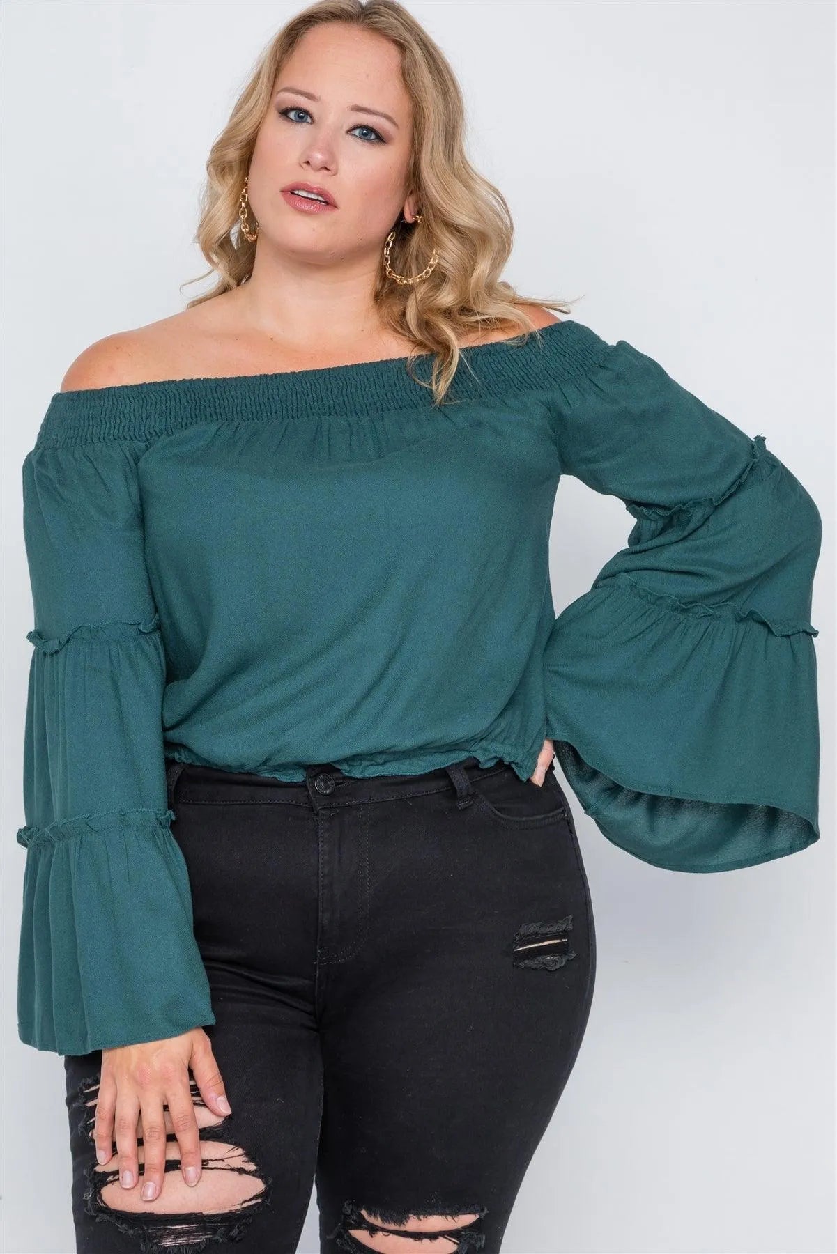 Plus Size Teal Off-The-Shoulders Bell Sleeve Top /2-2-2 - Tasha Apparel Wholesale