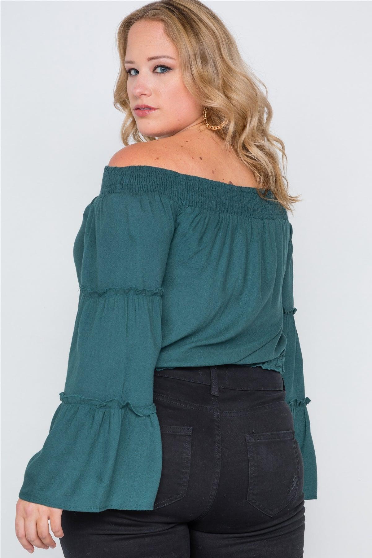 Plus Size Teal Off-The-Shoulders Bell Sleeve Top /2-2-2
