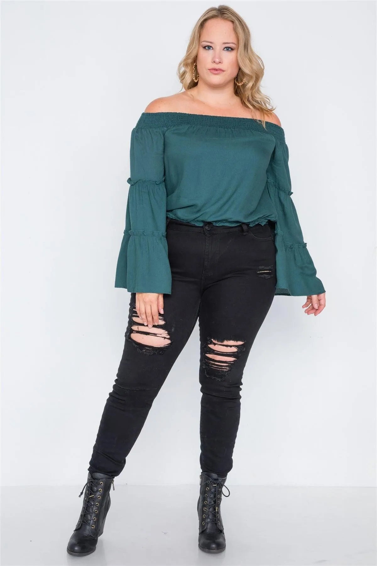 Plus Size Teal Off-The-Shoulders Bell Sleeve Top /2-2-2 - Tasha Apparel Wholesale