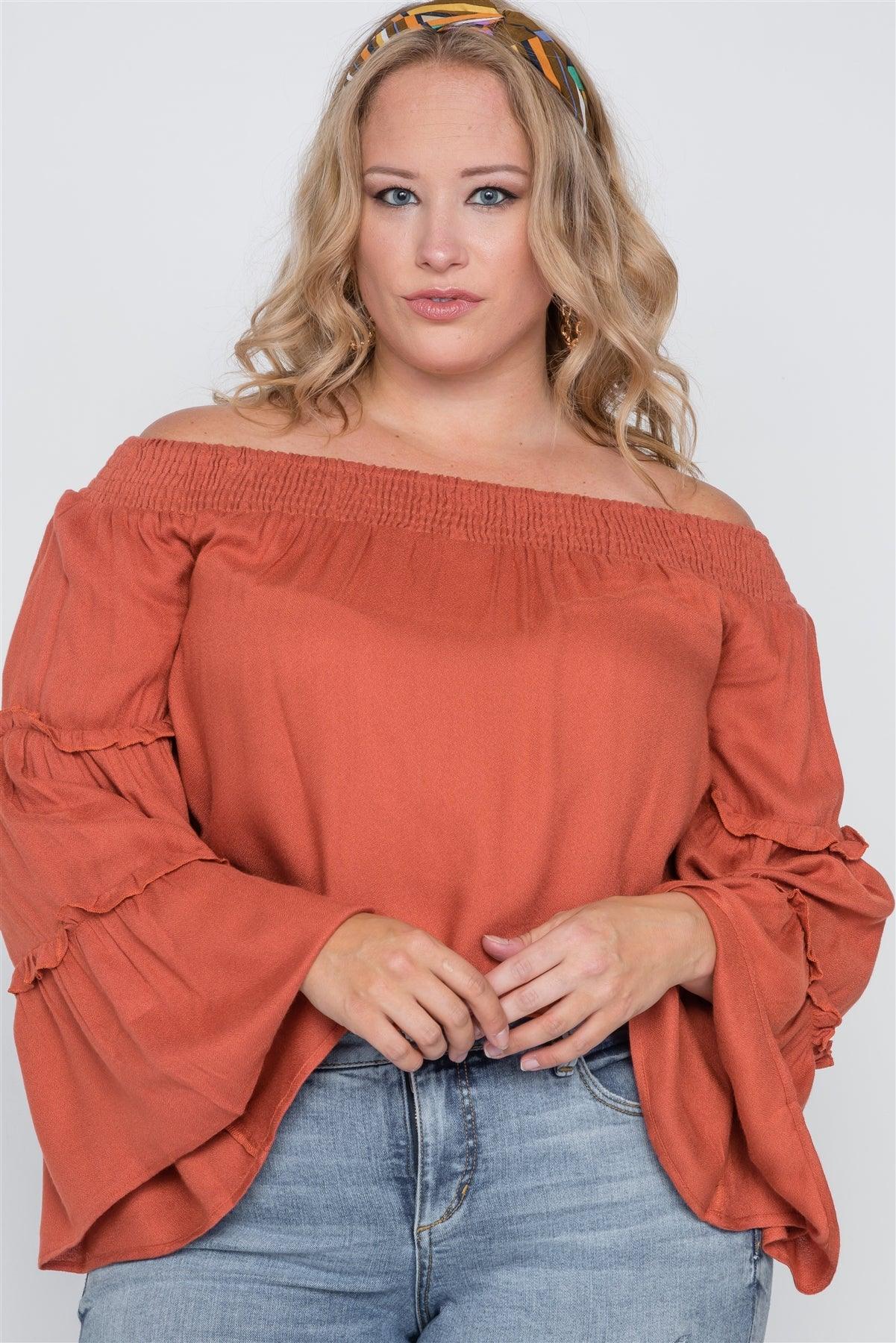 Plus Size Mango Off-The-Shoulders Bell Sleeve Top /2-2-2