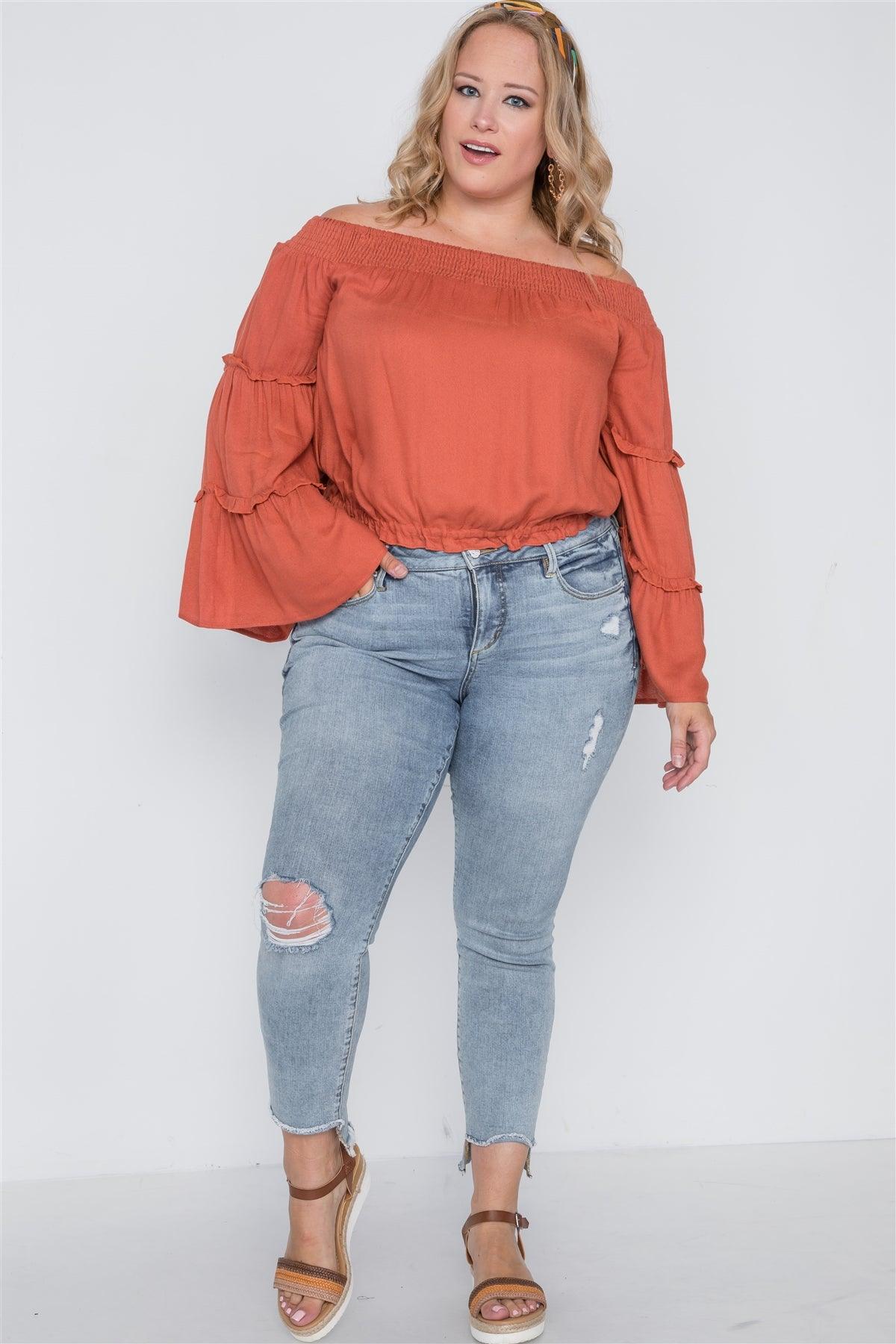 Plus Size Mango Off-The-Shoulders Bell Sleeve Top /2-2-2