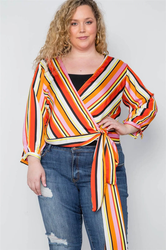 Plus Size Multi Orange Stripe Wrap Blouse Top /2-2-2 - Tasha Apparel Wholesale