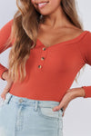 Rust Orange Ribbed Long Sleeve Bodysuit V-neck With Button Detail /3-2-1