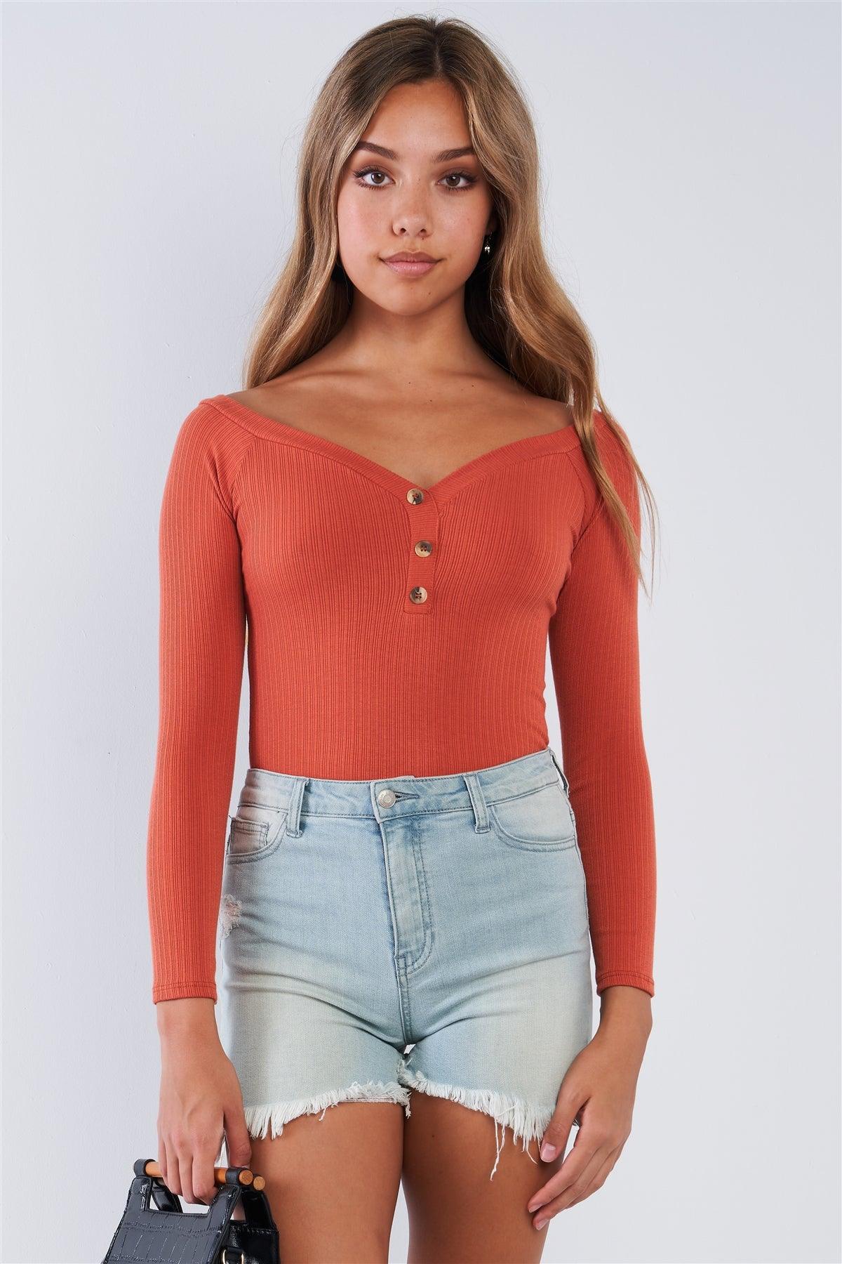 Rust Orange Ribbed Long Sleeve Bodysuit V-neck With Button Detail /3-2-1