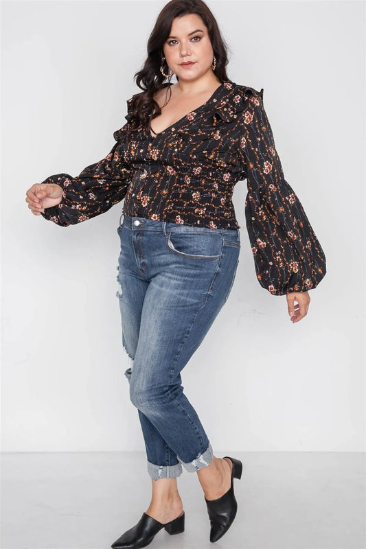 Plus Size Black Floral V-Neck Ruffle Long Sleeve Top /1-2-2 - Tasha Apparel Wholesale