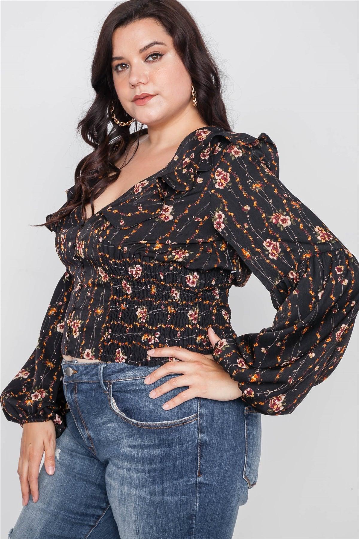 Plus Size Black Floral V-Neck Ruffle Long Sleeve Top /1-2-2